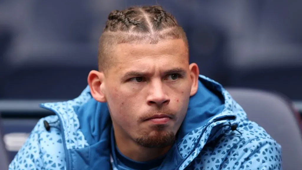 Kalvin Phillips of Manchester City looks on from the substitutes bench prior to a Premier League match.