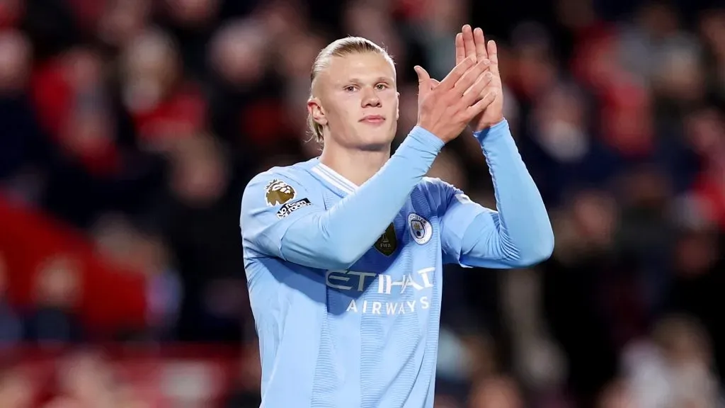 Erling Haaland applauds the fans during a Premier League match between Brentford FC and Manchester City.