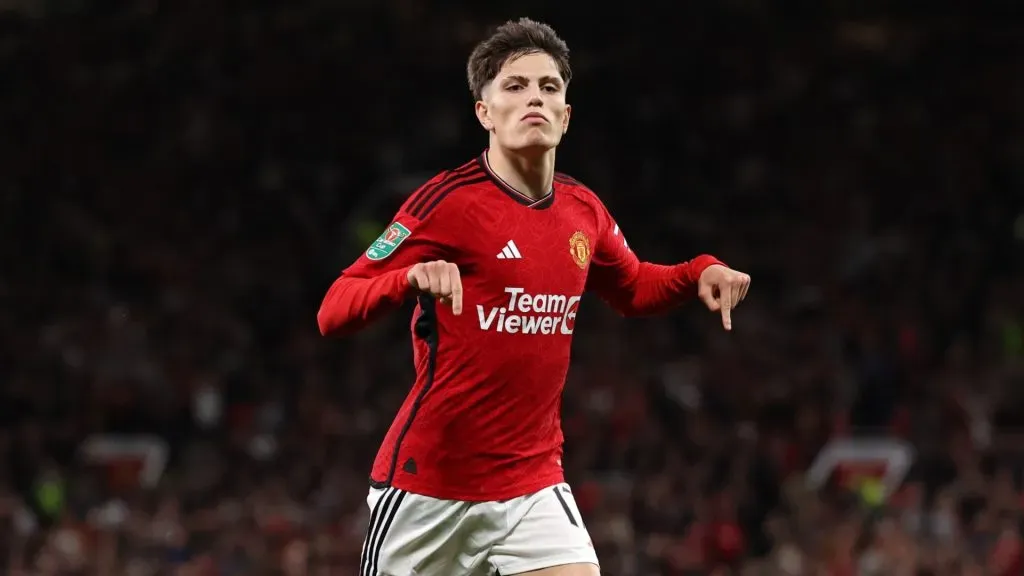 Alejandro Garnacho of Manchester United celebrates after scoring the team's first goal during the Carabao Cup Third Round match between Manchester United and Crystal Palace at Old Trafford on September 26, 2023 in Manchester, England.