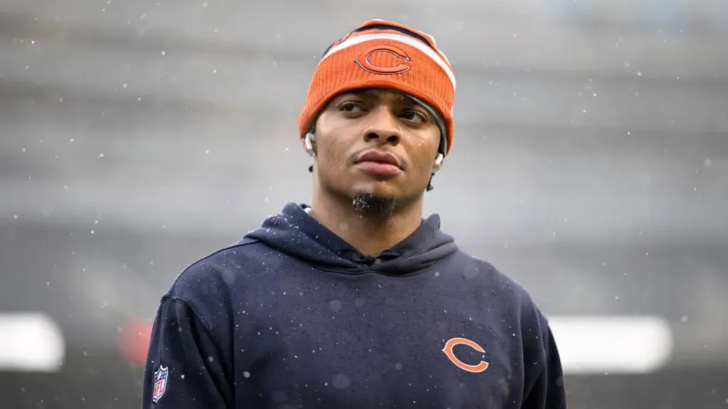Justin Fields #1 of the Chicago Bears looks on prior to a game against the Atlanta Falcons at Soldier Field on December 31, 2023 in Chicago, Illinois.