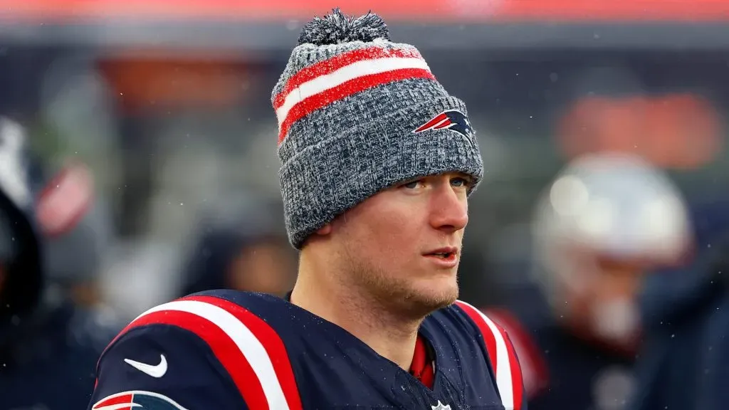 Mac Jones #10 of the New England Patriots looks on after a game against the New York Jets at Gillette Stadium on January 07, 2024 in Foxborough, Massachusetts.