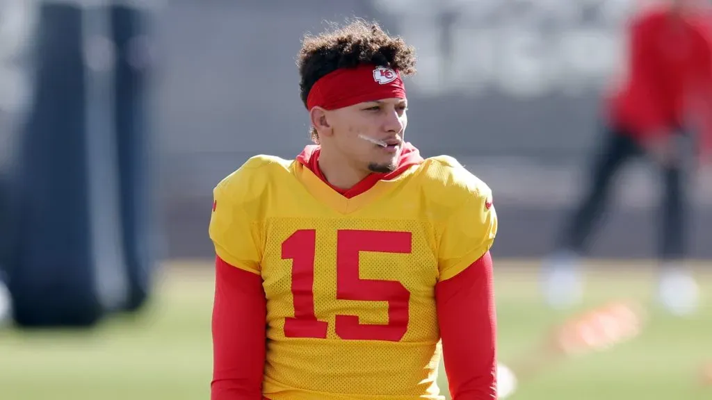 Quarterback Patrick Mahomes #15 stretches during Kansas City Chiefs practice ahead of Super Bowl LVIII at the Las Vegas Raiders Headquarters/Intermountain Healthcare Performance Center on February 07, 2024 in Henderson, Nevada.