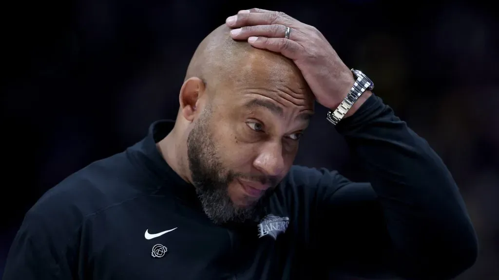Head coach Darvin Ham of the Los Angeles Lakers react reacts as his team plays the Denver Nuggets in the fourth quarter during game two of the Western Conference First Round Playoffs at Ball Arena on April 22, 2024 in Denver, Colorado.