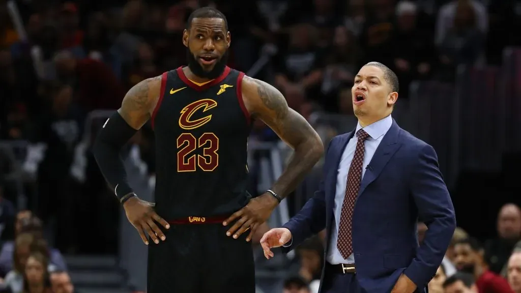 LeBron James #23 of the Cleveland Cavaliers and head coach Tyronn Lue talk while playing the Indiana Pacers in Game Seven of the Eastern Conference Quarterfinals during the 2018 NBA Playoffs at Quicken Loans Arena on April 29, 2018
