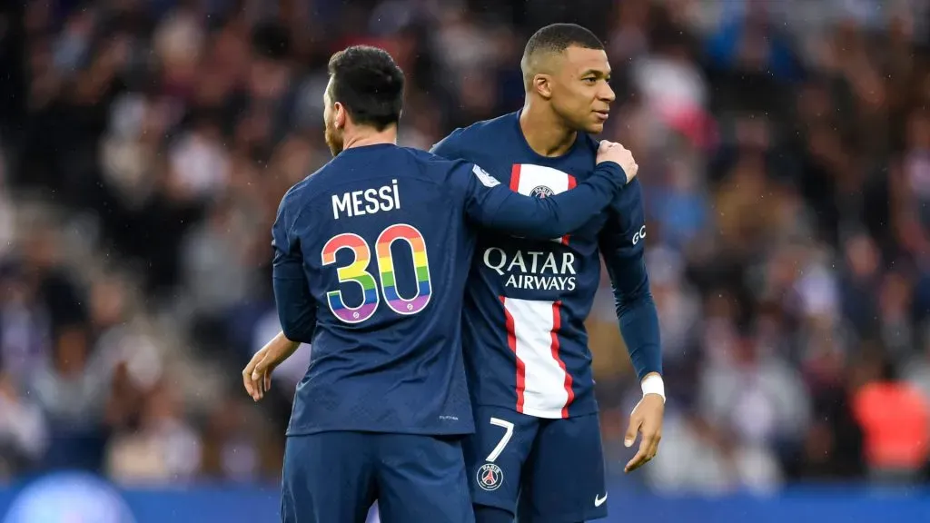 Lionel Messi and Kylian Mbappe during the Ligue 1 football (soccer) match between AC Ajaccio (ACA) and Paris Saint Germain (PSG) on May 13, 2023.