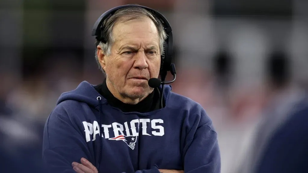 New England Patriots head coach Bill Belichick looks on from the sideline during the game against the Kansas City Chiefs at Gillette Stadium on December 17, 2023 in Foxborough, Massachusetts.