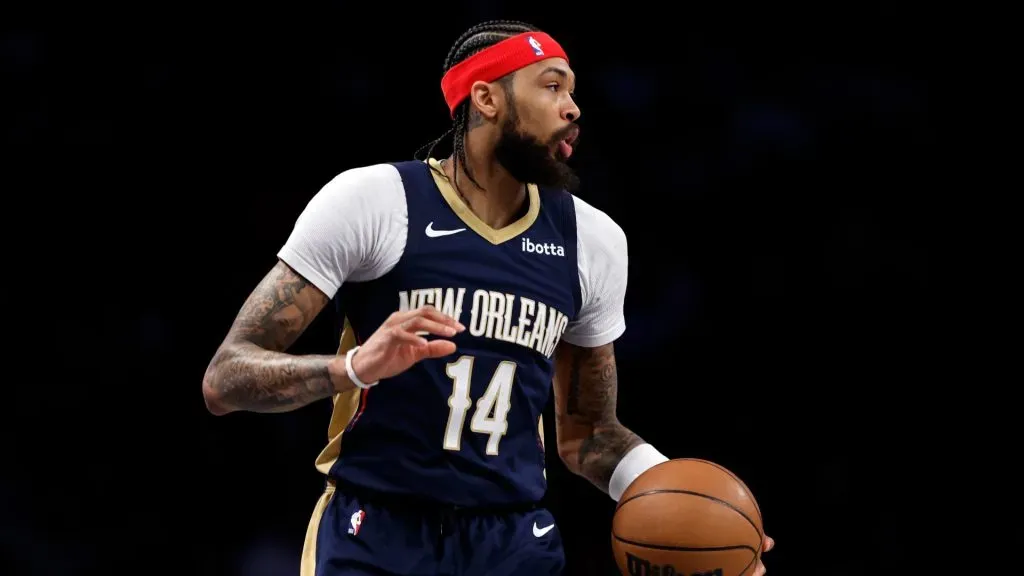 Brandon Ingram #14 of the New Orleans Pelicans dribbles during the first half against the Brooklyn Nets at Barclays Center on March 19, 2024 in the Brooklyn borough of New York City.