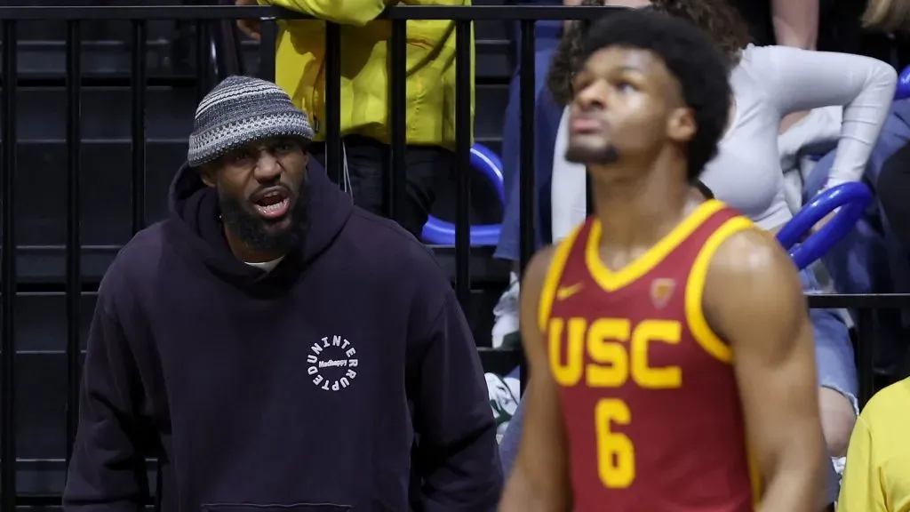 LeBron James #23 of the Los Angeles Lakers shouts to his son, Bronny James #6 of the USC Trojans, during Bronny’s game against the California Golden Bears at Haas Pavilion on February 07, 2024 in Berkeley, California.