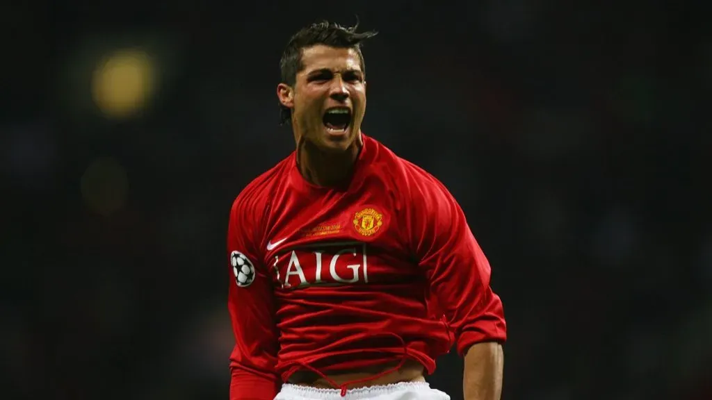 Cristiano Ronaldo of Manchester United celebrates after scoring the opening goal during the UEFA Champions League Final match between Manchester United and Chelsea at the Luzhniki Stadium on May 21, 2008 in Moscow, Russia.