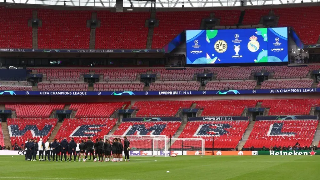 General view inside the stadium as Real Madrid players and staff are interacting during a Real Madrid CF Training Session ahead of their UEFA Champions League 2023/24 Final match against Borussia Dortmund at Wembley Stadium on May 31, 2024 in London, England.