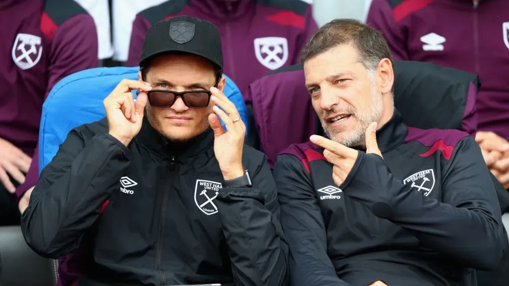 Slaven Bilic, Manager of West Ham United (R) speaks to Edin Terzic, West Ham United first team coach (L) prior to a Pre Season Friendly between Manchester City and West Ham United at the Laugardalsvollur stadium on August 4, 2017 in Reykjavik, Iceland.