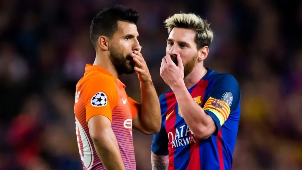 Sergio Aguero (L) of Manchester City FC speaks with Lionel Messi (R) of FC Barcelona during the UEFA Champions League group C match between FC Barcelona and Manchester City FC at Camp Nou on October 19, 2016 in Barcelona, Spain.