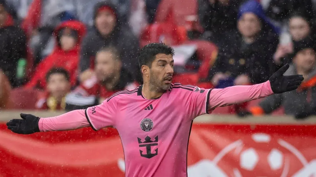 Luis Suarez #9 of Inter Miami reacts to a call in the second half of the Major League Soccer Match against the New York Red Bulls at Red Bull Arena on March 23, 2024 in Harrison, New Jersey.