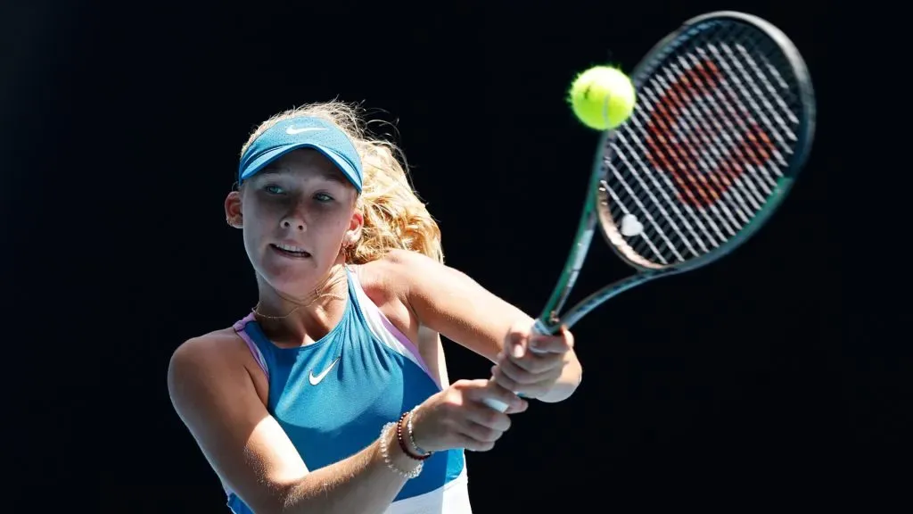 Mirra Andreeva plays a backhand in the Junior Girls’ Singles Final against Alina Korneeva during day 13 of the 2023 Australian Open at Melbourne Park on January 28, 2023 in Melbourne, Australia.