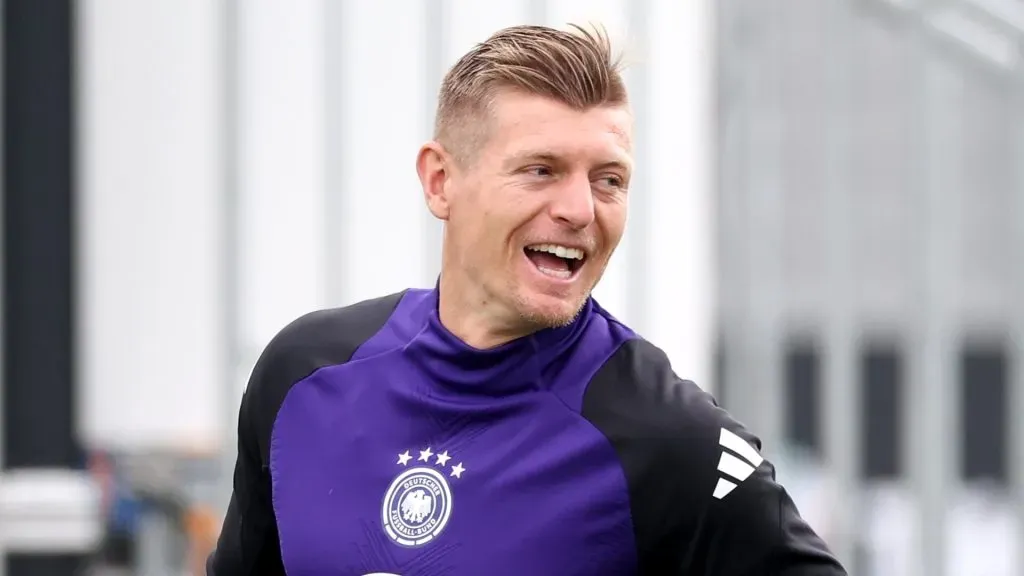 Toni Kroos of Germany smiles during a training session on day four of the training camp at Herzo Base on June 05, 2024 in Herzogenaurach, Germany.