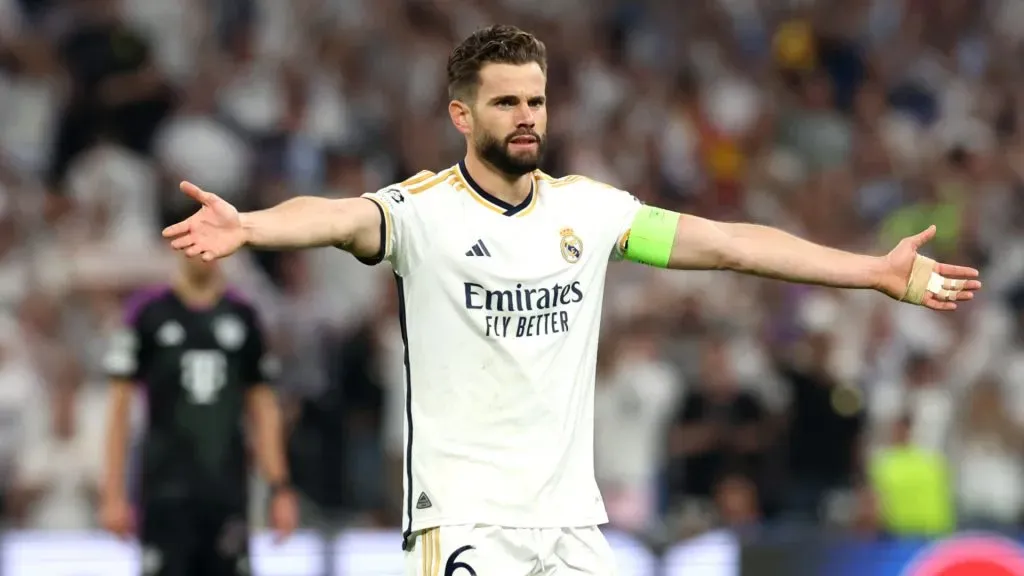 Nacho Fernandez of Real Madrid reacts during the UEFA Champions League semi-final second leg match between Real Madrid and FC Bayern München at Estadio Santiago Bernabeu on May 08, 2024 in Madrid, Spain.