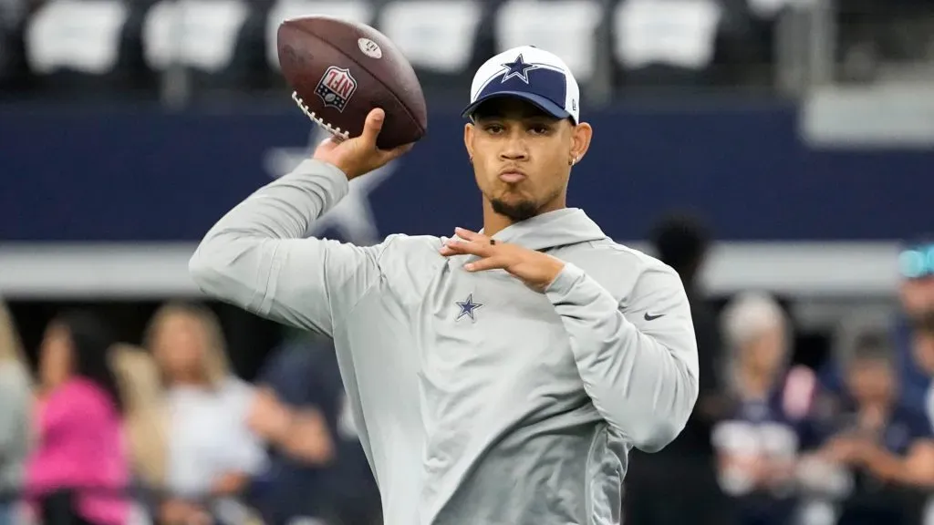Trey Lance #15 of the Dallas Cowboys warms up prior to a game against the New England Patriots at AT&amp;T Stadium on October 01, 2023 in Arlington, Texas.