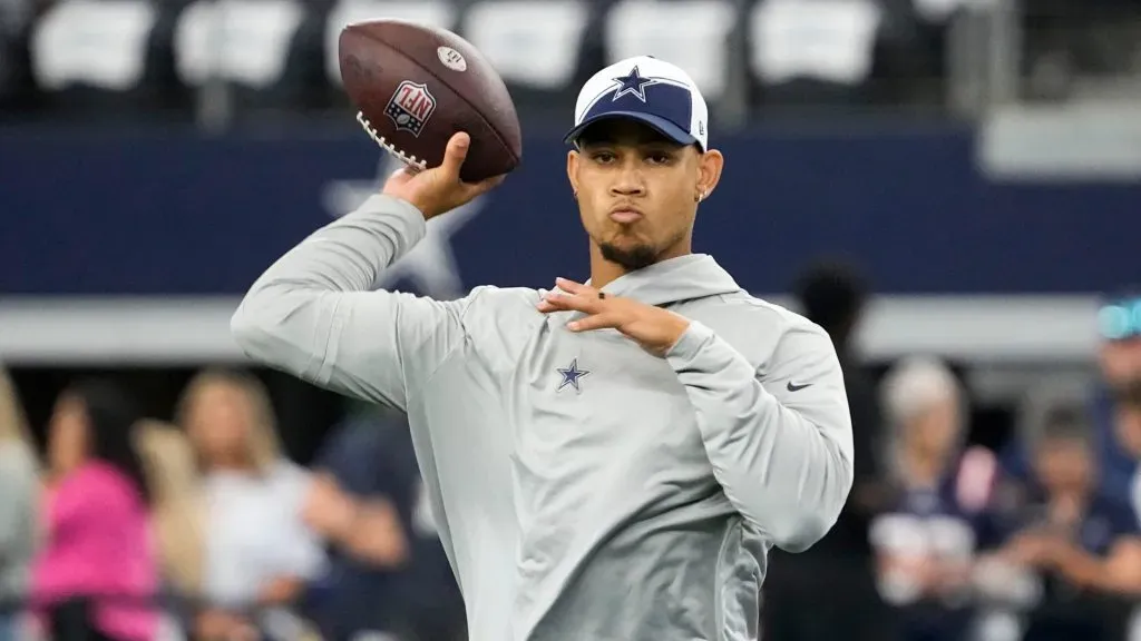 Trey Lance #15 of the Dallas Cowboys warms up prior to a game against the New England Patriots at AT&T Stadium on October 01, 2023 in Arlington, Texas.