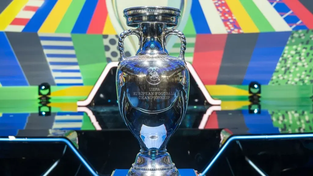The UEFA European Championship trophy on the stage before the UEFA Euro 2024 qualifying group stage draw at Messe Frankfurt on October 09, 2022 in Frankfurt am Main, Germany.