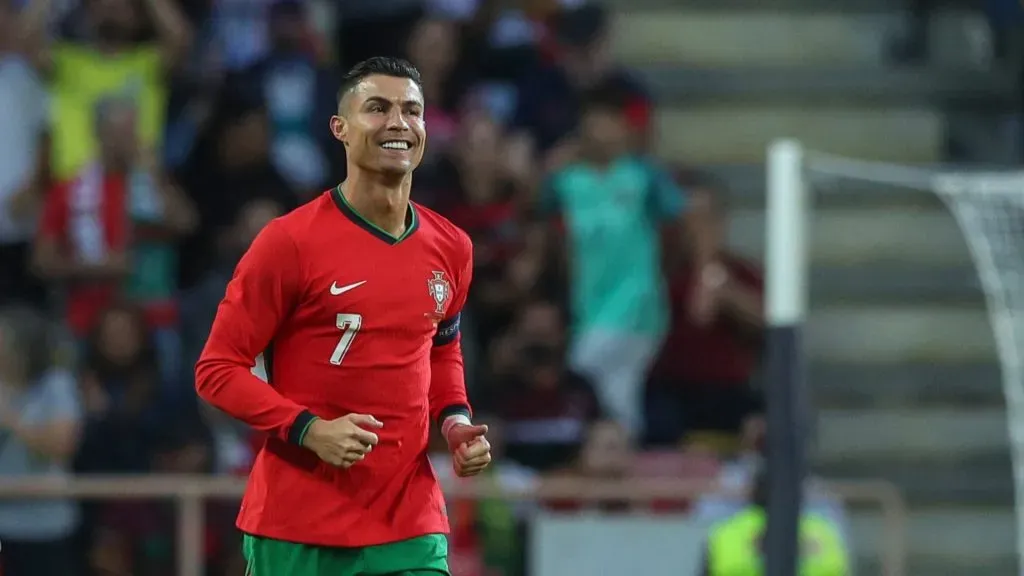 Cristiano Ronaldo of Portugal celebrates scoring Portugal third and his second goal during the International Friendly match between Portugal and Republic of Ireland at Estadio Municipal de Aveiro on June 11, 2024 in Aveiro, Portugal.