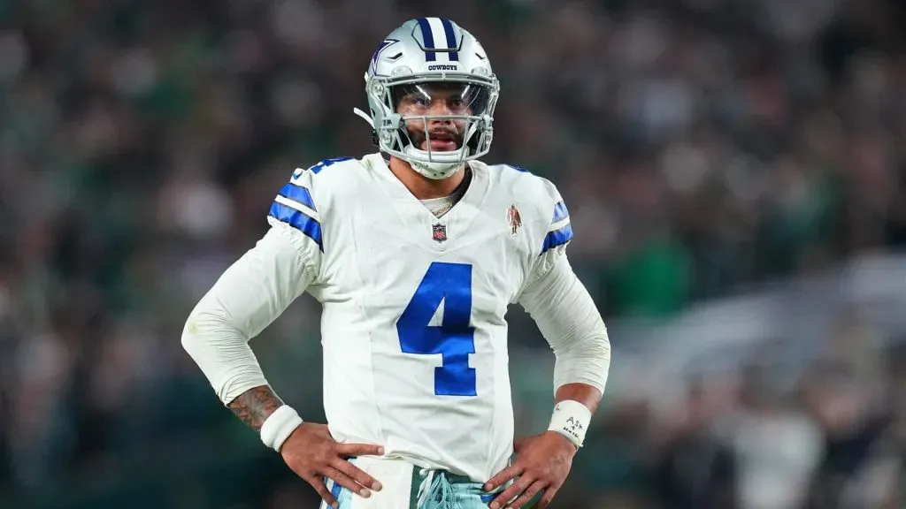 Dak Prescott of the Dallas Cowboys looks on during the second half against the Philadelphia Eagles at Lincoln Financial Field on November 05, 2023.