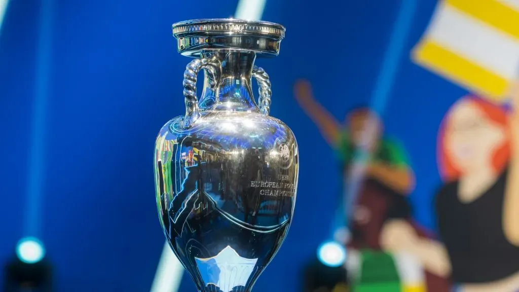 The UEFA European Championship trophy on the stage before the UEFA Euro 2024 qualifying group stage draw at Messe Frankfurt on October 09, 2022 in Frankfurt am Main, Germany.