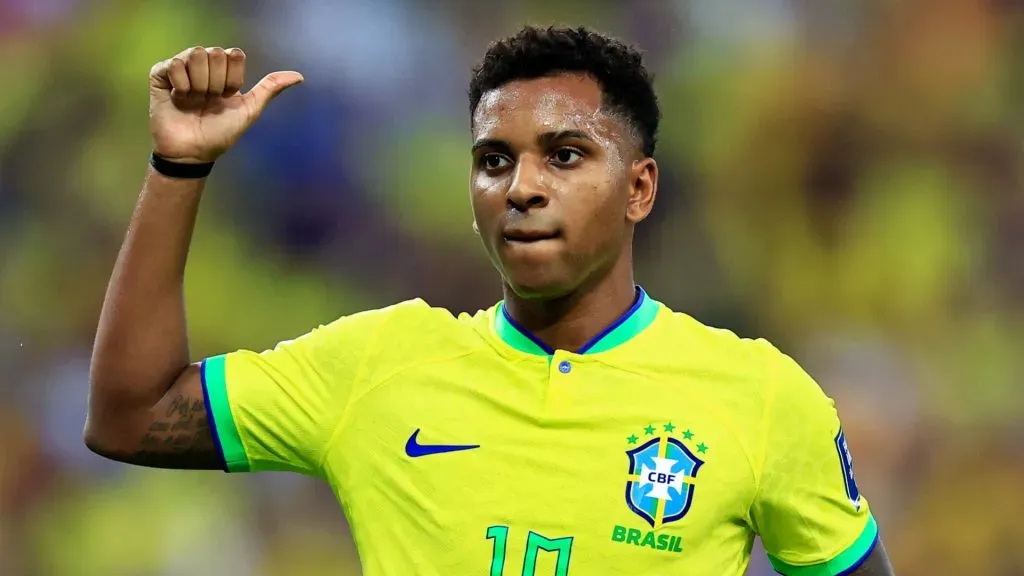 Rodrygo of Brazil gestures during a FIFA World Cup 2026 Qualifier match between Brazil and Argentina at Maracana Stadium on November 21, 2023 in Rio de Janeiro, Brazil.
