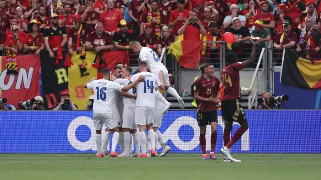 Ivan Schranz of Slovakia (obscured) celebrates scoring his team’s first goal with teammates during the UEFA EURO 2024 group stage match between Belgium and Slovakia at Frankfurt Arena on June 17, 2024 in Frankfurt am Main, Germany.