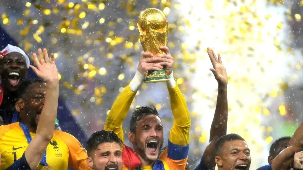 Hugo Lloris of France lifts the World Cup trophy to celebrate with his teammates after during the 2018 FIFA World Cup Final between France and Croatia at Luzhniki Stadium on July 15, 2018 in Moscow, Russia.
