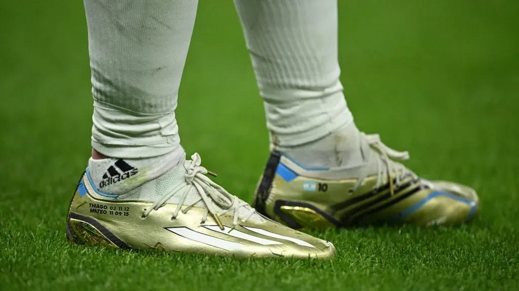 The golden boots of Lionel Messi of Argentina with the names and birth dates of his children are seen during the FIFA World Cup Qatar 2022 Group C match between Argentina and Mexico at Lusail Stadium on November 26, 2022 in Lusail City, Qatar.