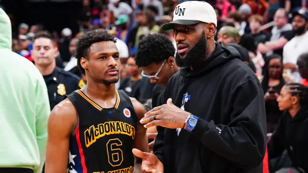 Bronny James #6 of the West team talks to Lebron James of the Los Angeles Lakers after the 2023 McDonald’s High School Boys All-American Game. Photo by Alex Bierens de Haan/Getty Images.