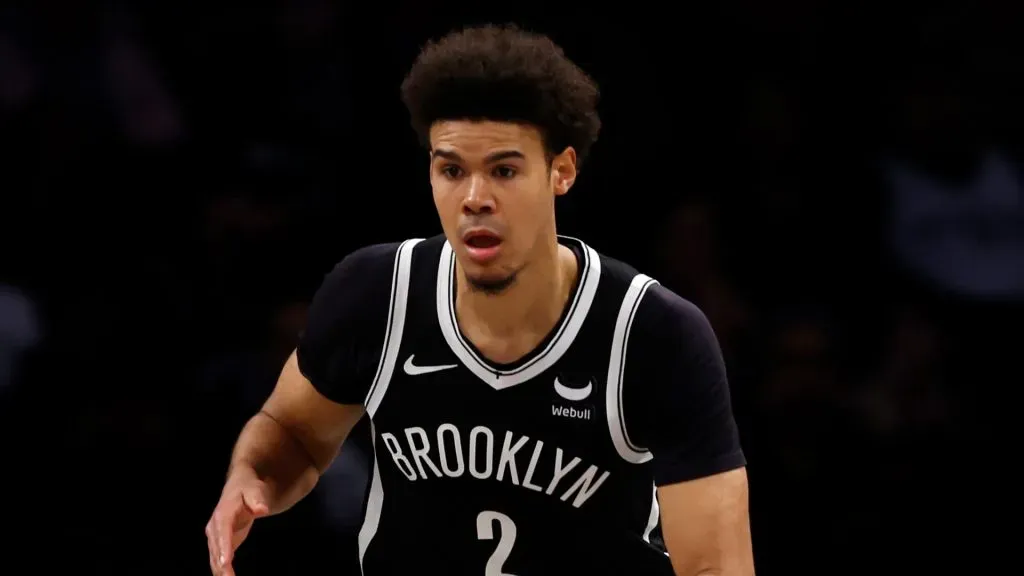 Cameron Johnson #2 of the Brooklyn Nets dribbles during the game against the Atlanta Hawks at Barclays Center on March 02, 2024 in the Brooklyn borough of New York City.