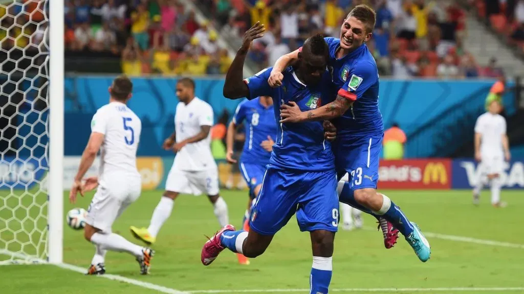 Mario Balotelli of Italy and Marco Verratti celebrate after the second goal during the 2014 FIFA World Cup Brazil Group D. Photo by Christopher Lee/Getty Images