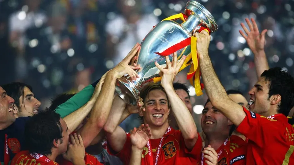 Fernando Torres of Spain lifts the trophy with teammates after winning against Germany in the UEFA EURO 2008 Final match between Germany and Spain. Shaun Botterill/Getty Images