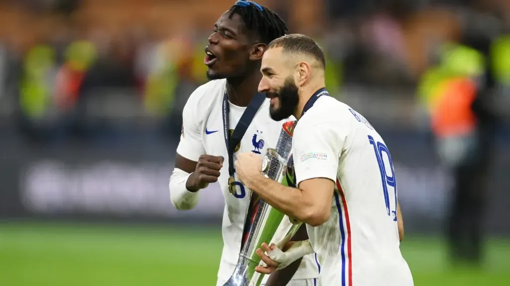 Paul Pogba and Karim Benzema of France celebrate with The UEFA Nations League trophy. Mike Hewitt/Getty Images