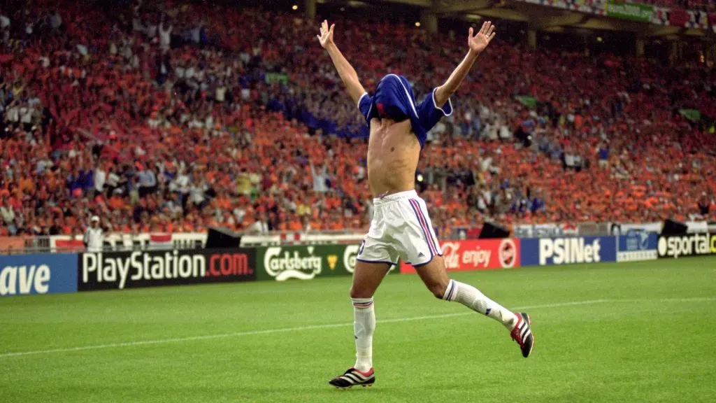 David Trezeguet of France celebrates during the European Championships 2000 Group D match against Holland