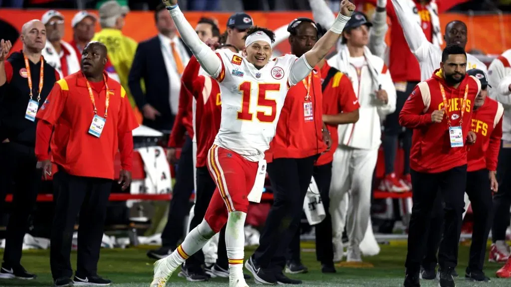 Patrick Mahomes #15 of the Kansas City Chiefs celebrates after defeating the Philadelphia Eagles 38-35 to win Super Bowl LVII. Photo by Ezra Shaw/Getty Images