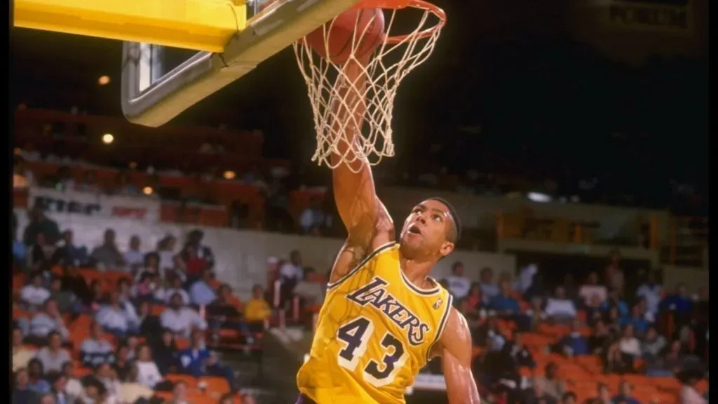 Mychal Thompson of the Los Angeles Lakers goes up for two during a game. Mike Powell /Allsport/Getty Images