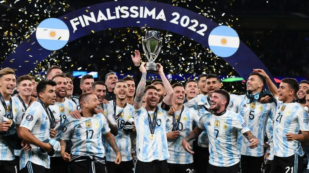 Lionel Messi of Argentina lifts the Finalissima trophy after their sides victory during the 2022 Finalissima match between Italy and Argentina at Wembley Stadium on June 01, 2022 in London, England.