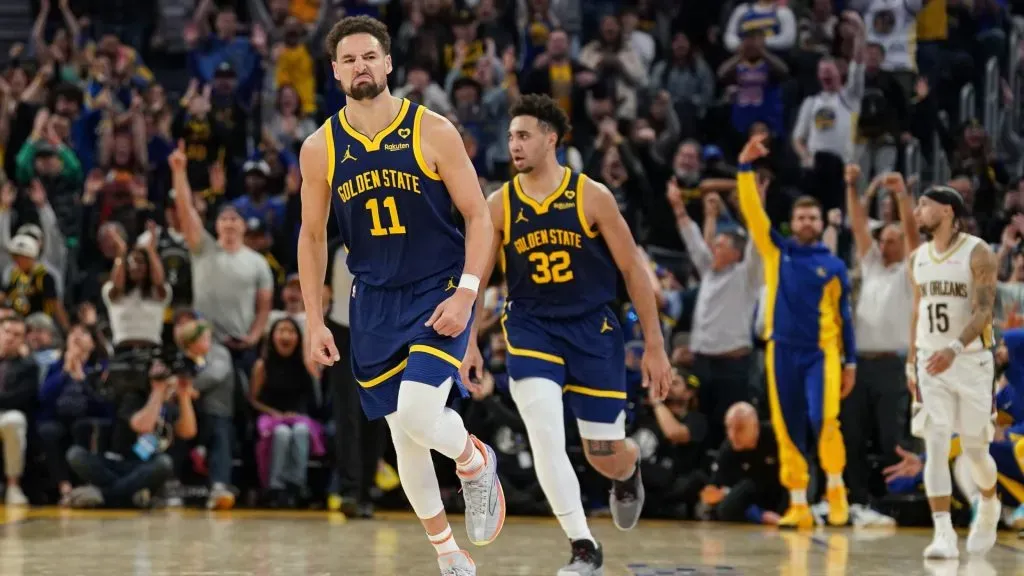 Klay Thompson #11 of the Golden State Warriors reacts to making a basket in the fourth quarter against the New Orleans Pelicans at Chase Center on April 12, 2024 in San Francisco, California. Photo by Kavin Mistry/Getty Images.