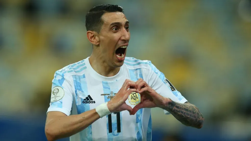 Angel Di Maria of Argentina celebrates after scoring the first goal of his team during the final of Copa America Brazil 2021 between Brazil and Argentina at Maracana Stadium on July 10, 2021 in Rio de Janeiro, Brazil