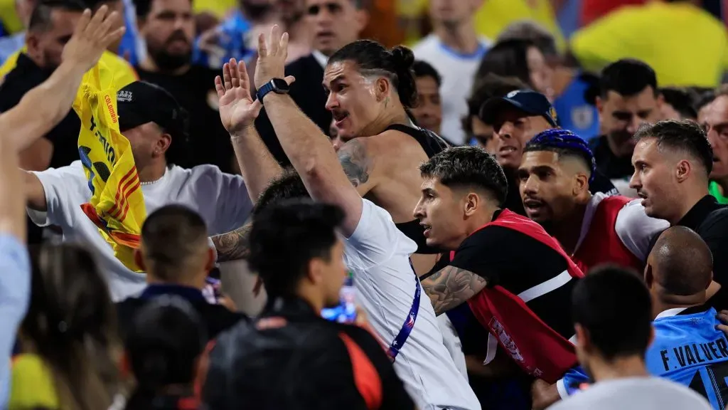 Darwin Nuñez (C) of Uruguay reacts towards fans in the stands after the CONMEBOL Copa America 2024 semifinal match between Uruguay and Colombia at Bank of America Stadium on July 10, 2024 in Charlotte, North Carolina.