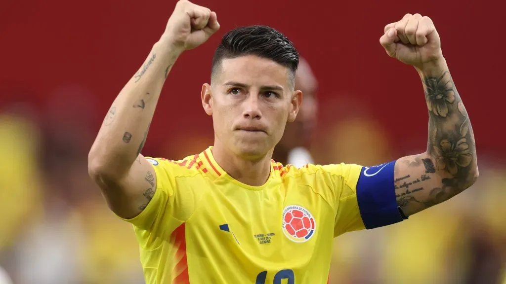 James Rodriguez of Colombia celebrates after winning the CONMEBOL Copa America 2024 quarter-final match between Colombia and Panama at State Farm Stadium on July 06, 2024 in Glendale, Arizona. (Photo by Jamie Squire/Getty Images)
