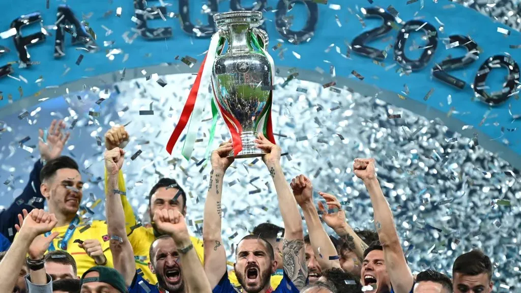 Leonardo Bonucci of Italy lifts The Henri Delaunay Trophy following his team’s victory in the UEFA Euro 2020 Championship Final between Italy and England. Michael Regan/UEFA via Getty Images
