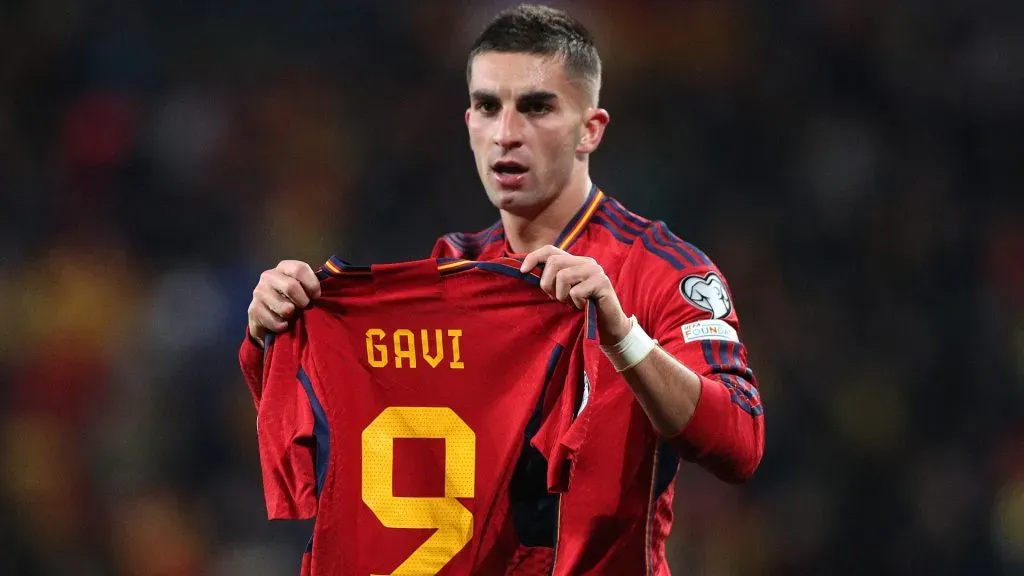 Ferran Torres of Spain celebrates by holding the shirt of teammate Gavi after scoring the team’s second goal during the UEFA EURO 2024 European qualifier match between Spain and Georgia at Jose Zorrilla on November 19, 2023 in Valladolid, Spain. Photo by Gonzalo Arroyo Moreno/Getty Images