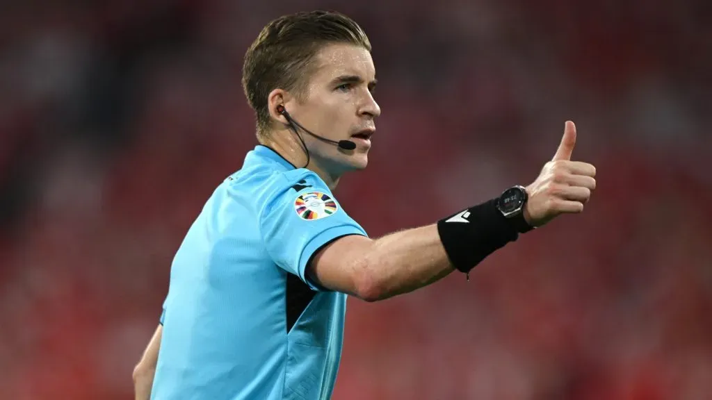 Referee Francois Letexier looks on during the UEFA EURO 2024 group stage match between Denmark and Serbia at Munich Football Arena on June 25, 2024 in Munich, Germany. (Photo by Clive Mason/Getty Images)