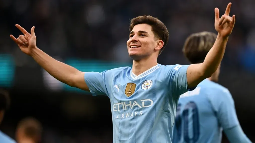 Julian Alvarez of Manchester City celebrates scoring his team’s second goal during the Emirates FA Cup Third Round match between Manchester City and Huddersfield Town at Etihad Stadium on January 07, 2024 in Manchester, England. (Photo by Gareth Copley/Getty Images)