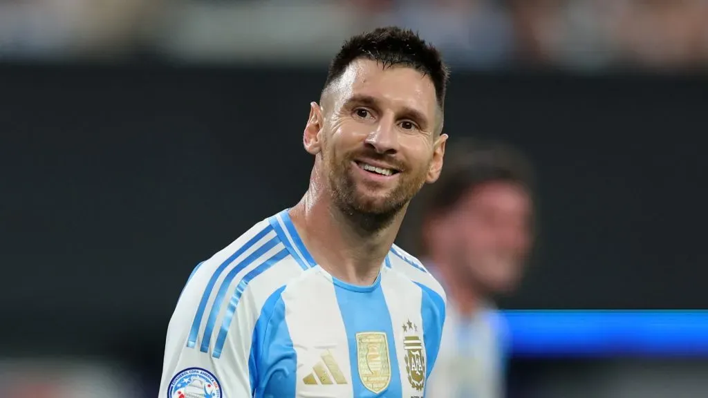 Lionel Messi of Argentina smiles during the CONMEBOL Copa America 2024 semifinal match between Canada and Argentina.