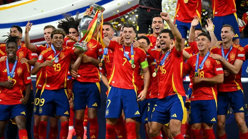Alvaro Morata of Spain lifts the UEFA Euro 2024 Henri Delaunay Trophy after his team’s victory during the UEFA EURO 2024 final match between Spain and England at Olympiastadion. Dan Mullan/Getty Images