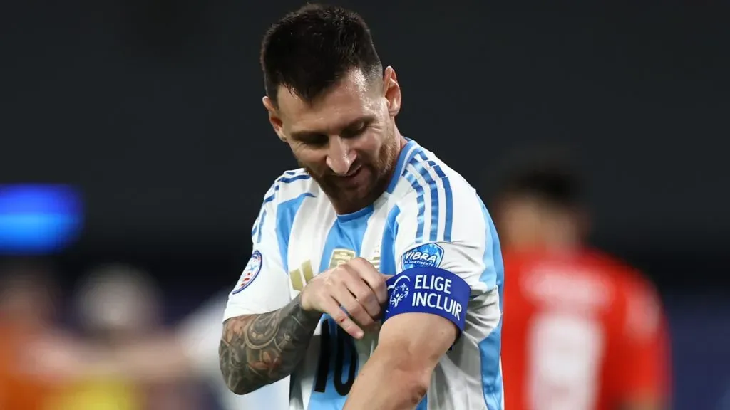 Lionel Messi of Argentina gestures during the CONMEBOL Copa America 2024 match between Chile and Argentina at MetLife Stadium on June 25, 2024 in East Rutherford, New Jersey. (Photo by Tim Nwachukwu/Getty Images)